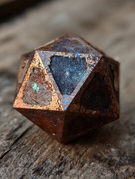 weathered copper dodecahedron on wood surface