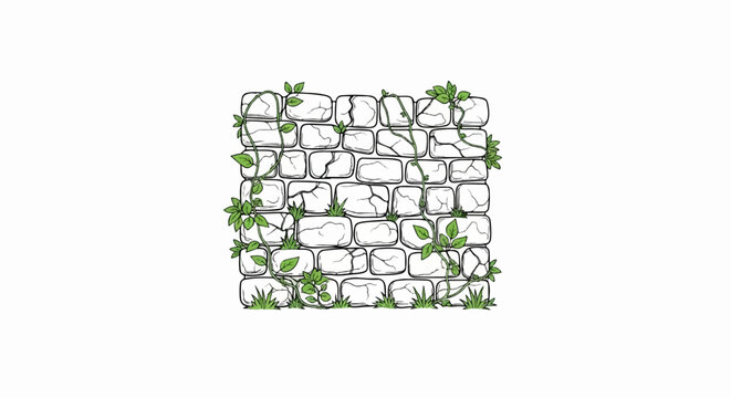 Cracked stone wall with creeping vines and grass at its base