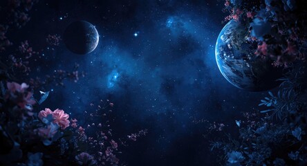 Fototapeta premium Cosmic setting in dark blue with bright stars planets and floral touches captured in wide angle