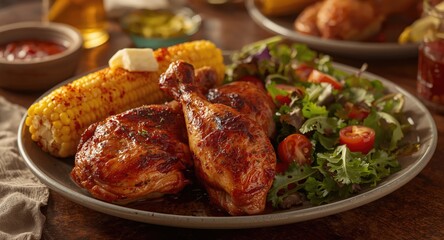 Barbecue chicken legs and thighs with seasoned corn on the cob and crunchy salad