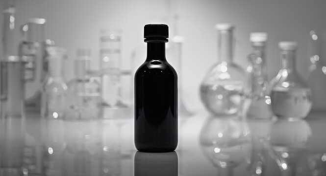 Focused image of propylene glycol in a dark glass bottle within a laboratory environment with copy space