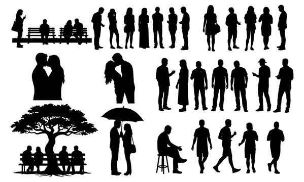 Diverse People Activities Silhouettes, Dancing Couples, Musicians, Sports, Dining, and Parents with Stroller Isolated Vector