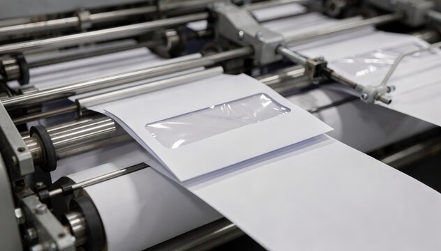 Closeup medium shot of a paper envelope machine crafting windowed envelopes highlighting the transparent section and precision folding process on the factory line.