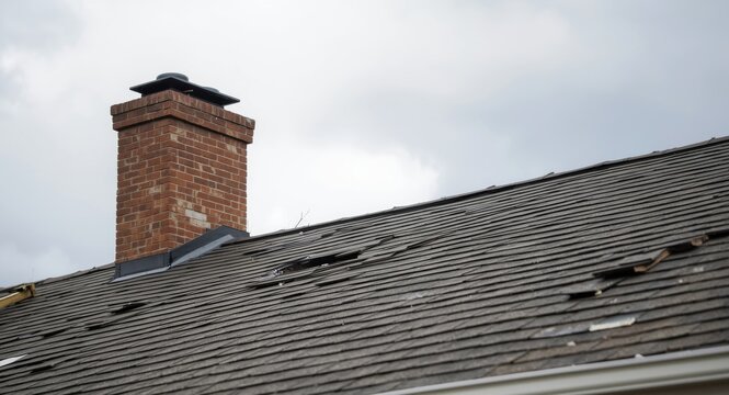 Home maintenance required for roof chimney with broken shingles and cloudy sky view