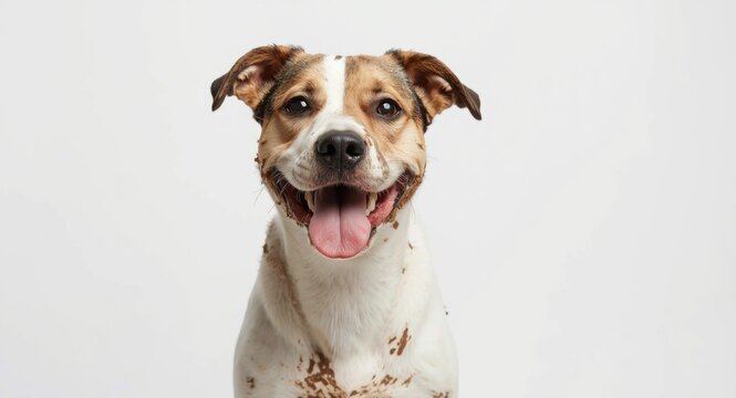 Cheerful mixed breed dog with mud splatters and a sheepish look in white studio setting