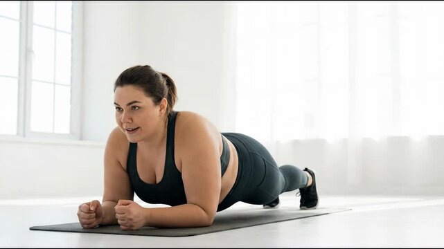 Woman in black sports bra and leggings holding forearm plank on exercise mat in bright studio focused and determined showing strength
