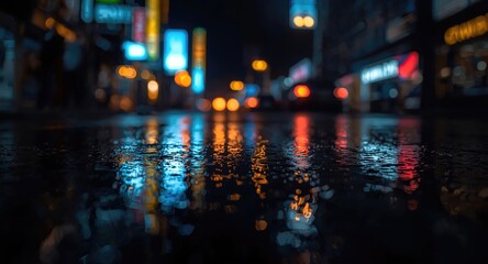 Obraz premium Blurred reflections of colorful city lights on rain soaked urban pavement