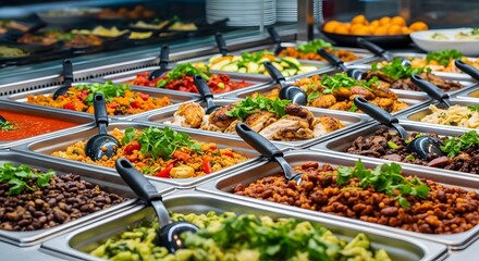 Buffet display of various delicious hot food dishes in metal containers, ready for serving.