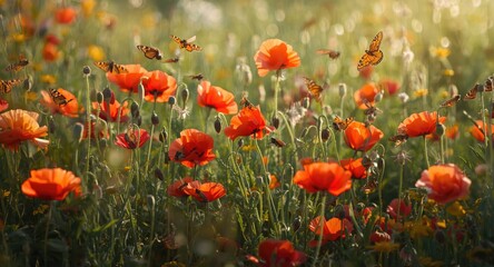 Fototapeta premium A thriving natural environment filled with bright poppies attracting pollinating species
