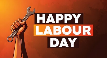 Happy Labour Day illustration with raised fist holding wrench and gradient background