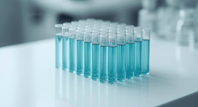 Array of test tubes with pale blue liquid on laboratory table including copy space