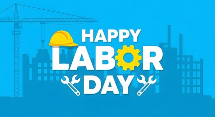 Happy Labor Day illustration with construction site, crane, buildings, and tools on blue background