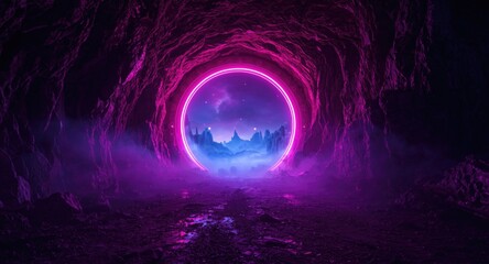 Fototapeta premium A vivid neon tunnel connecting to a mysterious alien planet atmosphere