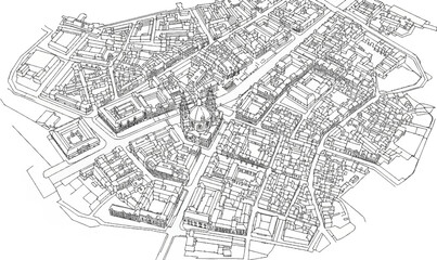 Fototapeta premium Detailed aerial line drawing of a historic European city center with a prominent dome
