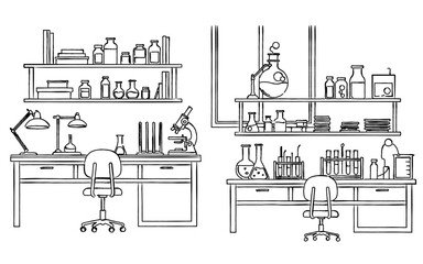 シンプルな研究室と理科実験室の室内風景線画｜科学, 実験, 顕微鏡, 試験管, フラスコ, ラボ, 教育, 医療