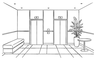 シンプルで清潔感のあるエレベーターホールの室内風景線画｜エレベーター, ロビー, インテリア, 観葉植物, 椅子, 建物内