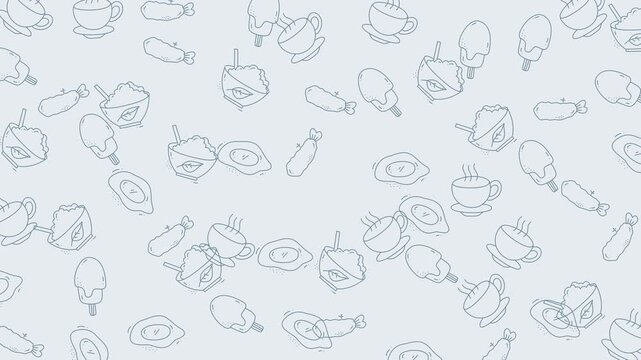 Repeating pattern of various breakfast items on a light background, perfect for food blogs, menus, kitchen decor, and culinary projects.
