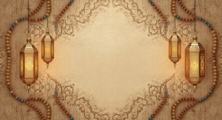 Naklejka premium Islamic New Year banner showcasing elegant Muslim lamps and prayer beads motif