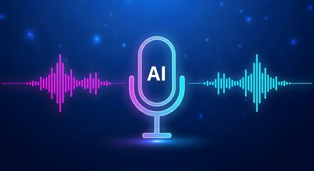 Futuristic AI microphone with glowing soundwaves on a dark blue background, symbolizing artificial intelligence and voice technology.