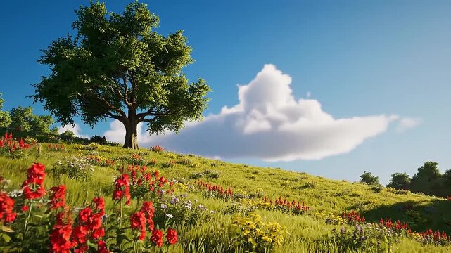 Lush green rolling hills with vibrant wildflowers under a bright blue sky with fluffy clouds