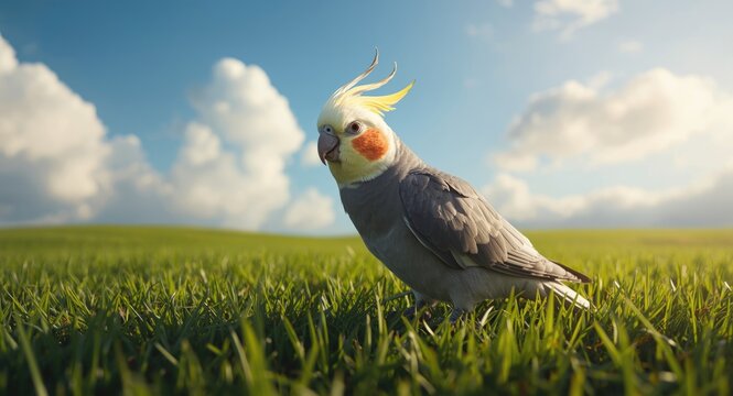 Happy cockatiel perched over a green grass lawn in a full length summer day setting