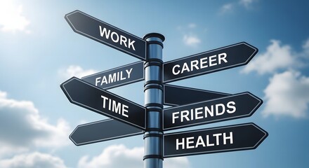 A signpost with multiple arrows indicating different life directions such as Work, Career, Family, Friends, Time, and Health, representing life choices and balance.