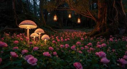 Naklejka premium Fairy tale night garden with radiant mushrooms and lanterns amidst blooming pink roses and forest