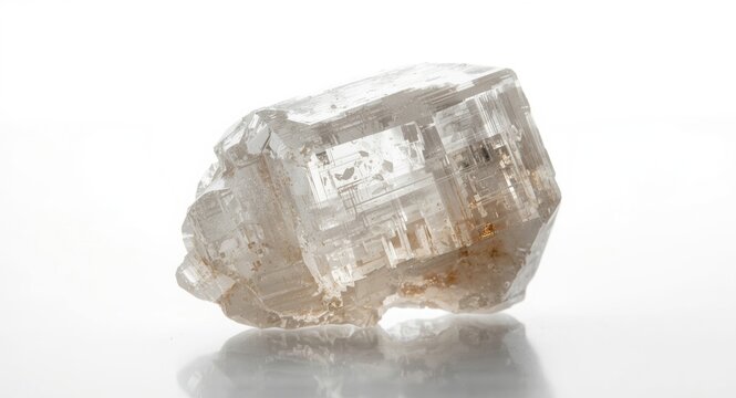 Close-up isolated on white background of a barite mineral specimen that looks like a stunning quartz crystal
