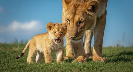 Obraz premium Joyful lion cub accompanied by mother on vibrant green grass lawn full length summer day