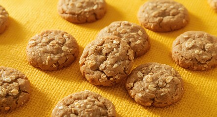 Golden oatmeal cookies placed on sunny yellow textured background