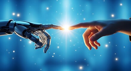 Close-up of a robotic hand touching a human finger with a bright light in between, representing the intersection of humanity and artificial intelligence.