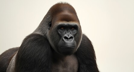 Obraz premium Close-up of a striking silverback gorilla on a smooth white background