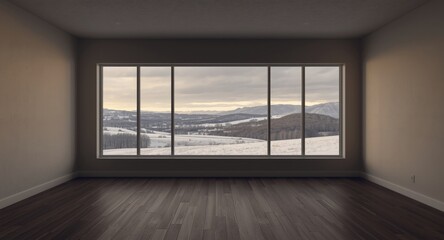 Obraz premium Empty room with large window exposing tranquil snow covered landscape