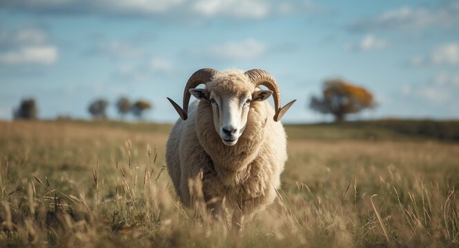 Delighted horned Garut sheep roaming through a wide green grassy landscape