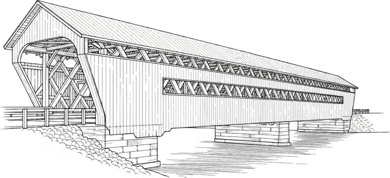 Detailed architectural sketch of a long, wooden covered bridge supported by stone