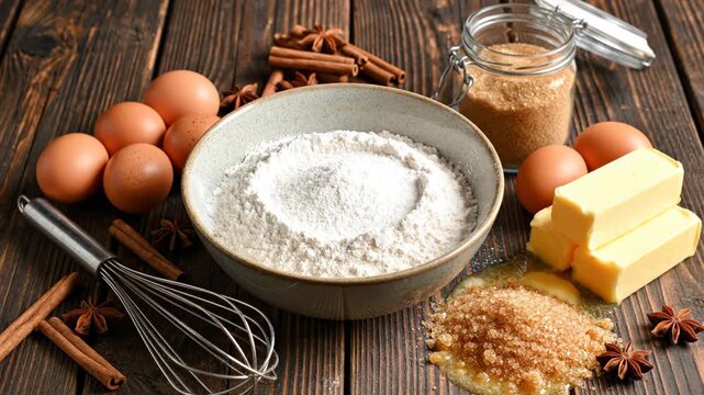 Baking ingredients and tools on a wooden table, preparing for cooking.