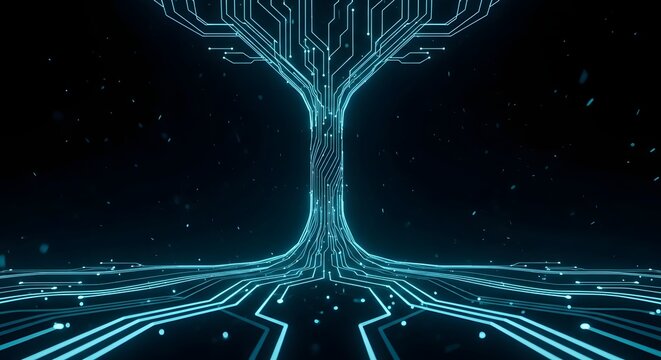 Abstract digital tree formed by glowing blue circuit lines and particles on a dark background, symbolizing technology, data, and connectivity.