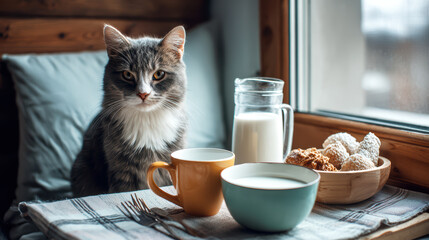 cozy breakfast scene with cat and milk bowl