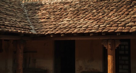 Fototapeta premium Cultural heritage home in India with brick tile roofing and stout wooden pillar supports