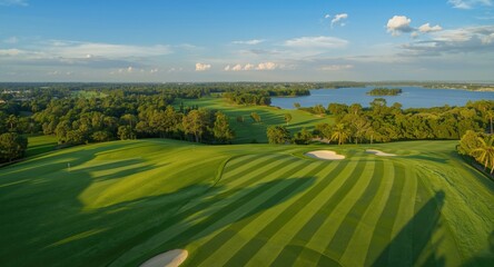 Fototapeta premium Aerial perspective of a vast golf course with vibrant green fairways and ample copy space for marketing