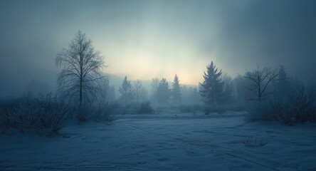 Icy outdoor panorama with low light fog effect