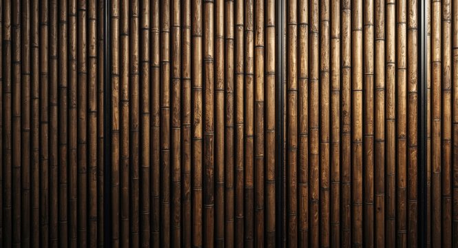 Detailed image of brown stained bamboo wall featuring natural wood texture and metal supports