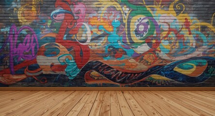 Naklejka premium Lively urban mural painted on brick wall with natural wood floor featuring copy space