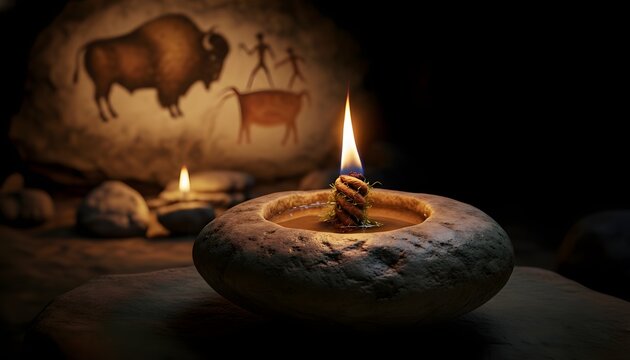 A primitive stone oil lamp with a flickering flame, set inside a dark cave. In the blurred background, ancient cave paintings depicting bison and human figures are visible on the rock walls. 