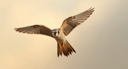 Kestrel bird spotting prey from above in glowing sky light