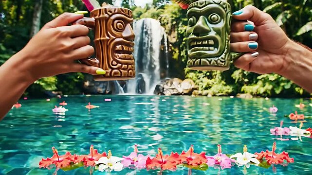 Hands holding tiki masks over flowers in a tropical pool with waterfall