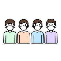 Fototapeta premium Four Masked Individuals Standing Side By Side As Flat Vector Icons
