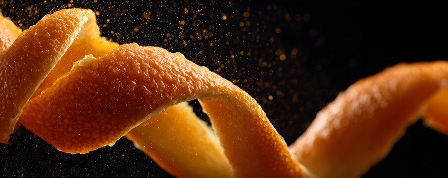Fresh orange peel being twisted, oil mist visible, strong citrus scent implied