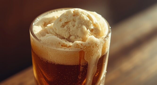 Classic root beer float with creamy ice cream in a tall glass