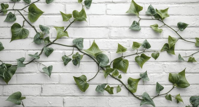 Ivy leaves forming patterns on white brick wall texture backdrop